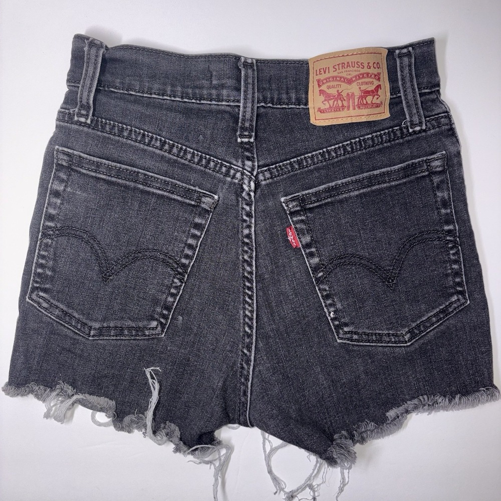 Levi's Black High Rise Mini Jean Shorts Size 25 Black Distressed Raw Hem Cutoff - Picture 2 of 7